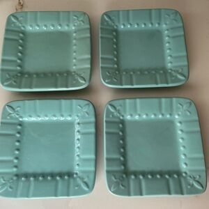 (4) Signature Plate Set Appetizer Dessert Fluer de Lis Aqua Blue 6” Square Bread